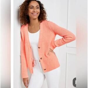 Talbots Shaker Stitch Cuffed Back Cardigan Size Petite Peachy Orange Small